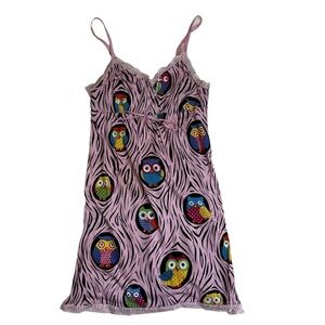 Nick & Nora Pink Owl Sleepwear Dress Size Medium Adjustable Straps Ties at Bust
